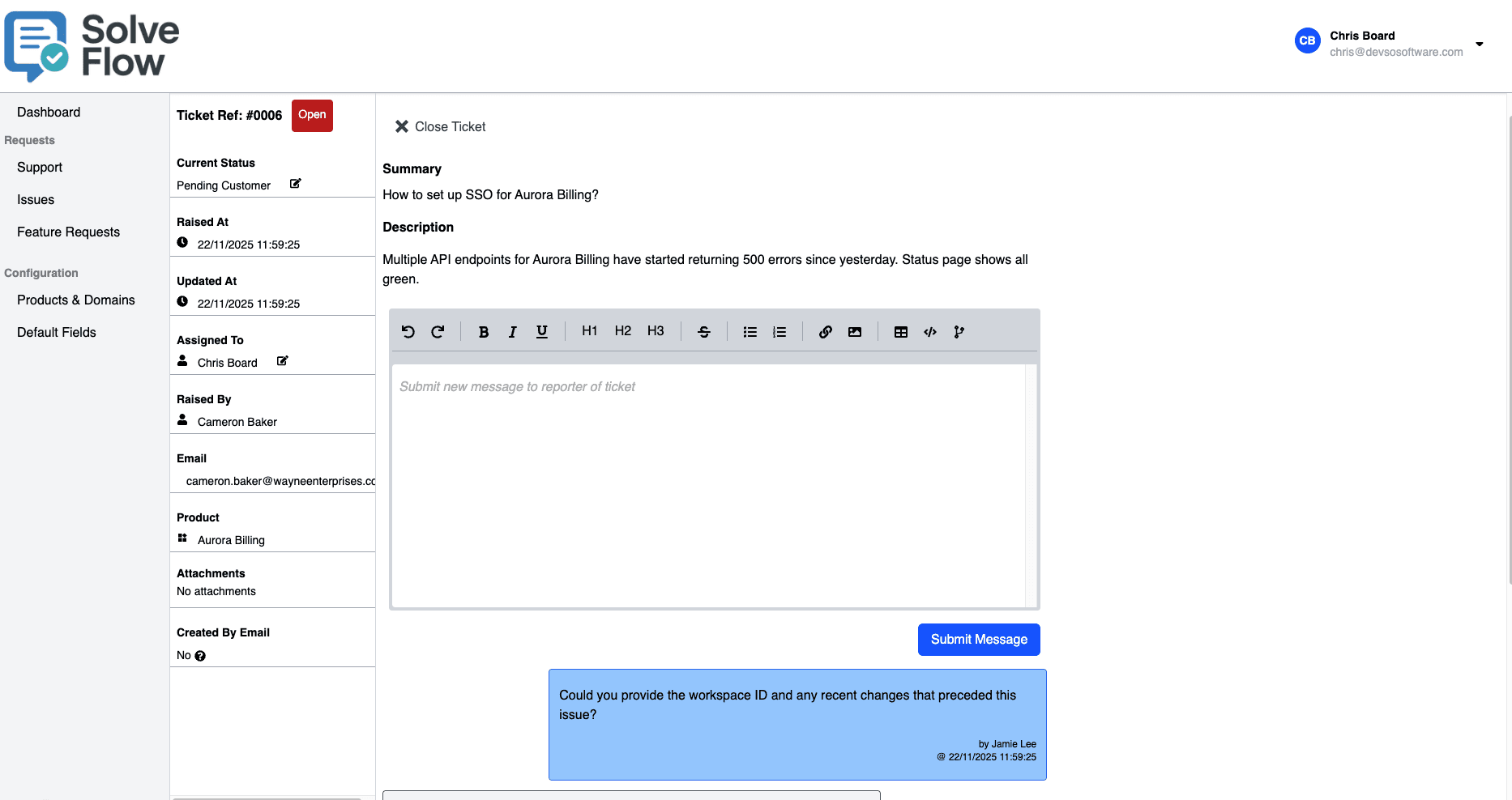 Screenshot view-support-ticket